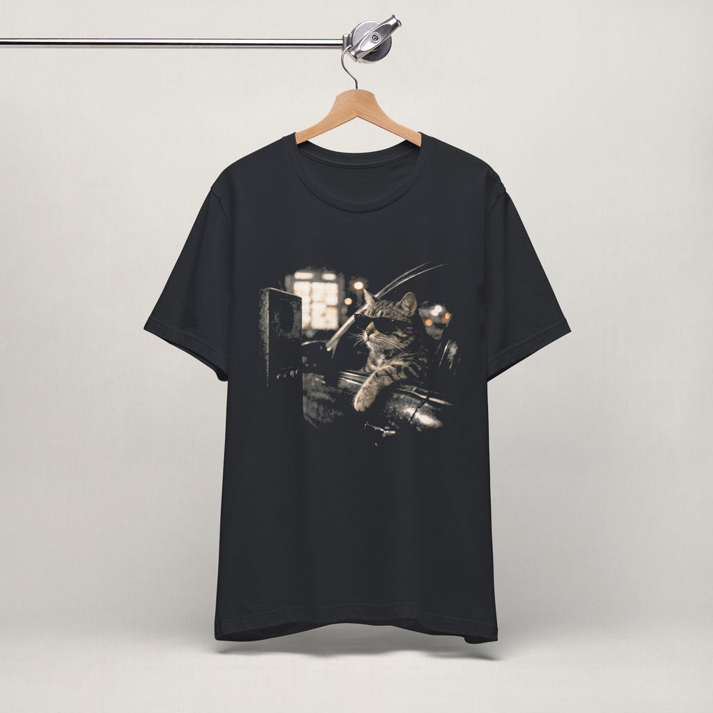 Side view of model wearing vintage black Late Drive Thru t-shirt