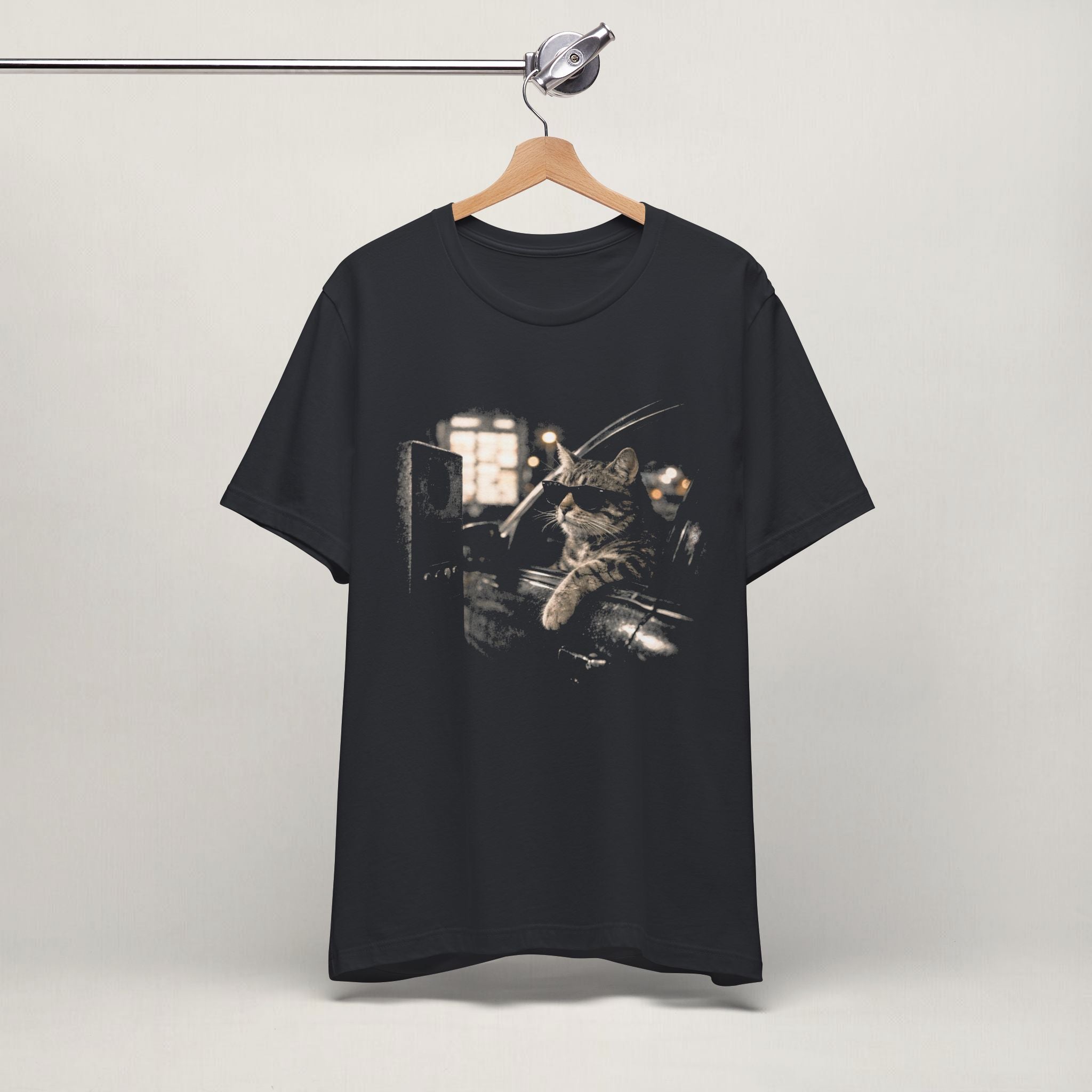 Side view of model wearing vintage black Late Drive Thru t-shirt