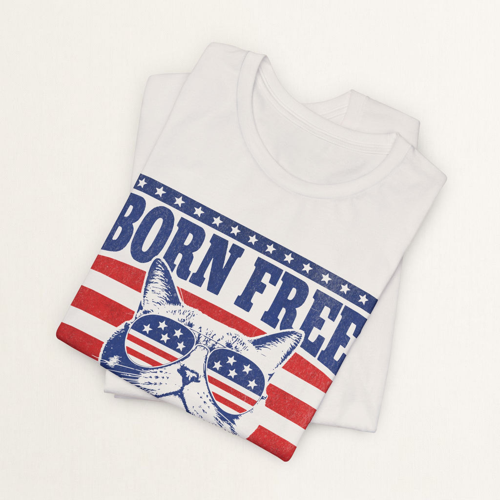 Back view of vintage white Born Free Still Ruled By Cats cat t-shirt on model