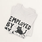 Back view of vintage white Employed By My Cat graphic cat t-shirt on model