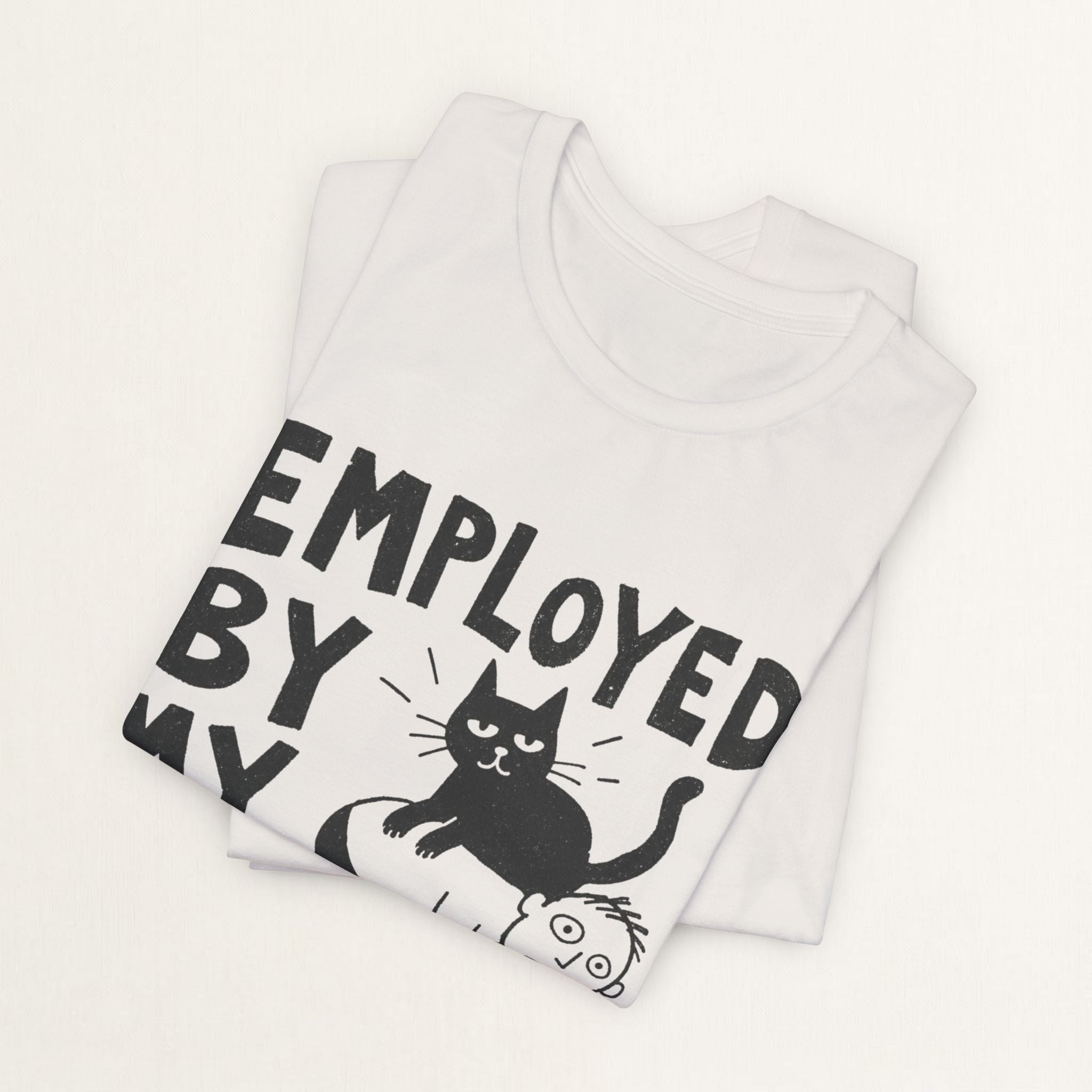 Back view of vintage white Employed By My Cat graphic cat t-shirt on model