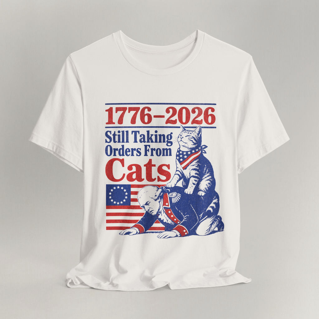 Flat lay of vintage white graphic cat t-shirt with Still Taking Orders From Cats print design