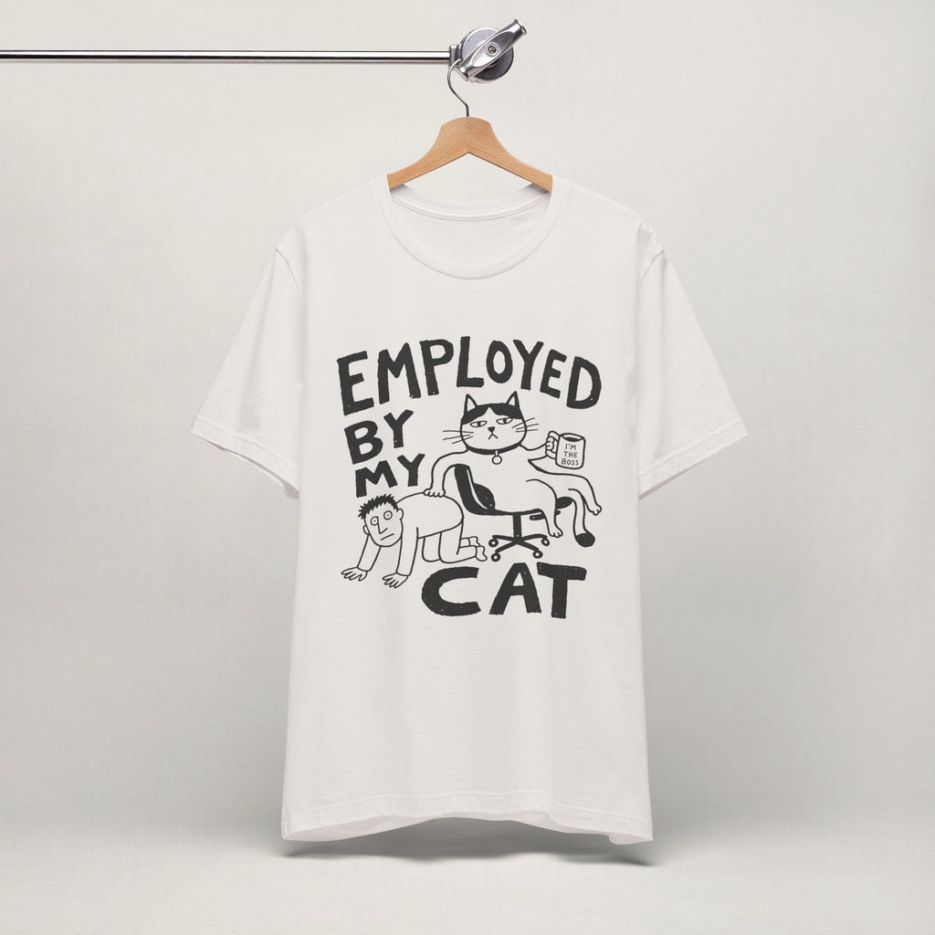 Close-up of Employed print on vintage white unisex t-shirt