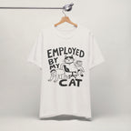 Close-up of Employed print on vintage white unisex t-shirt