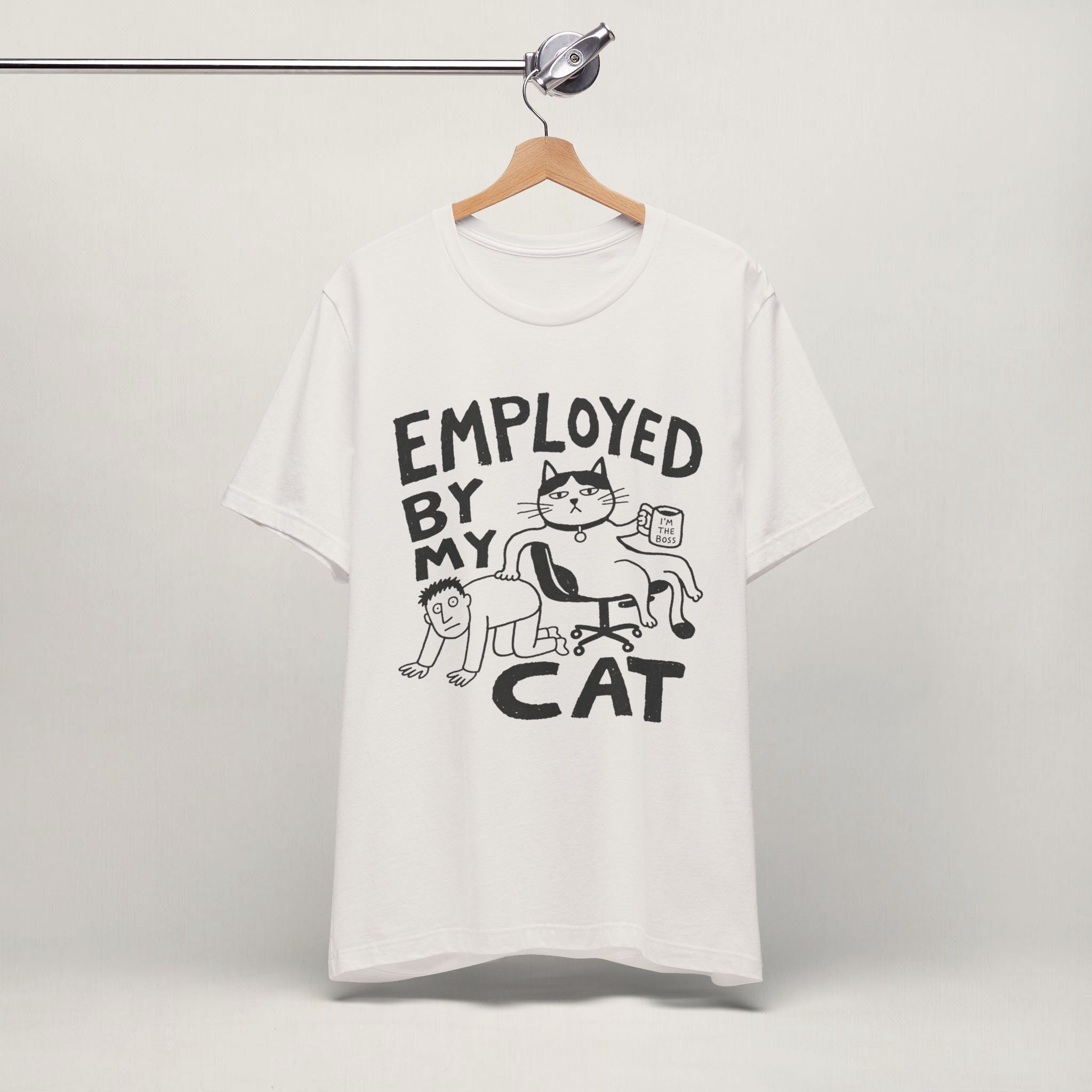Close-up of Employed print on vintage white unisex t-shirt