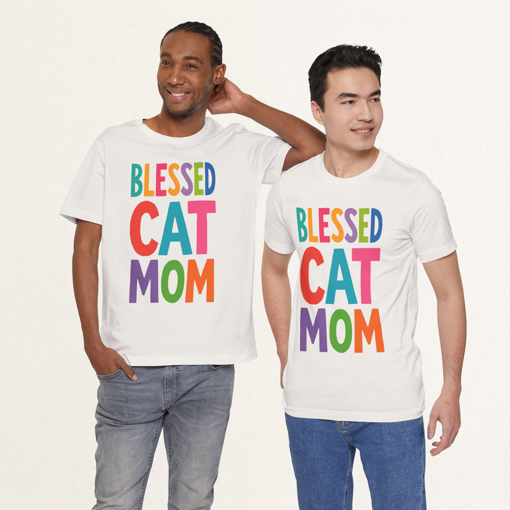 Two men wearing vintage white Blessed Cat Mom cat t-shirts