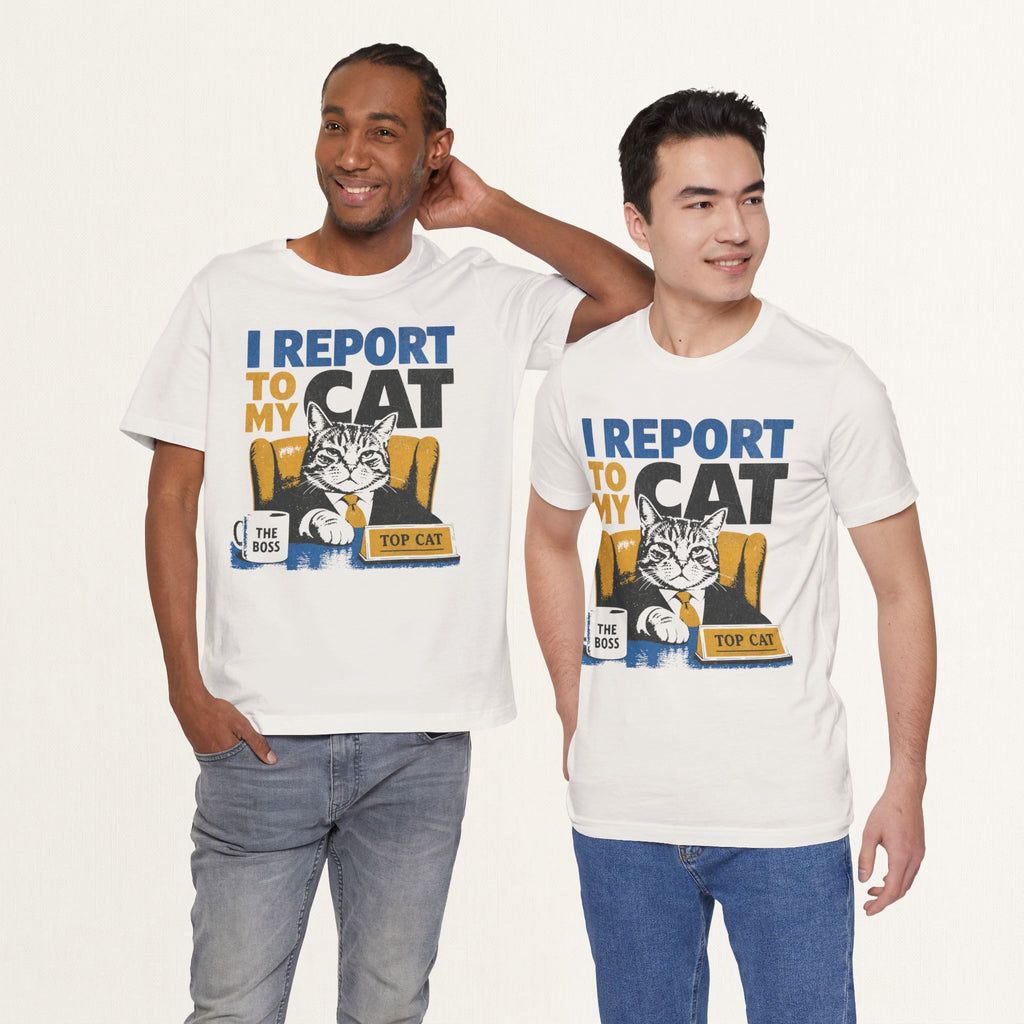 Folded vintage white I Report To My Cat t-shirt showing fabric and print detail