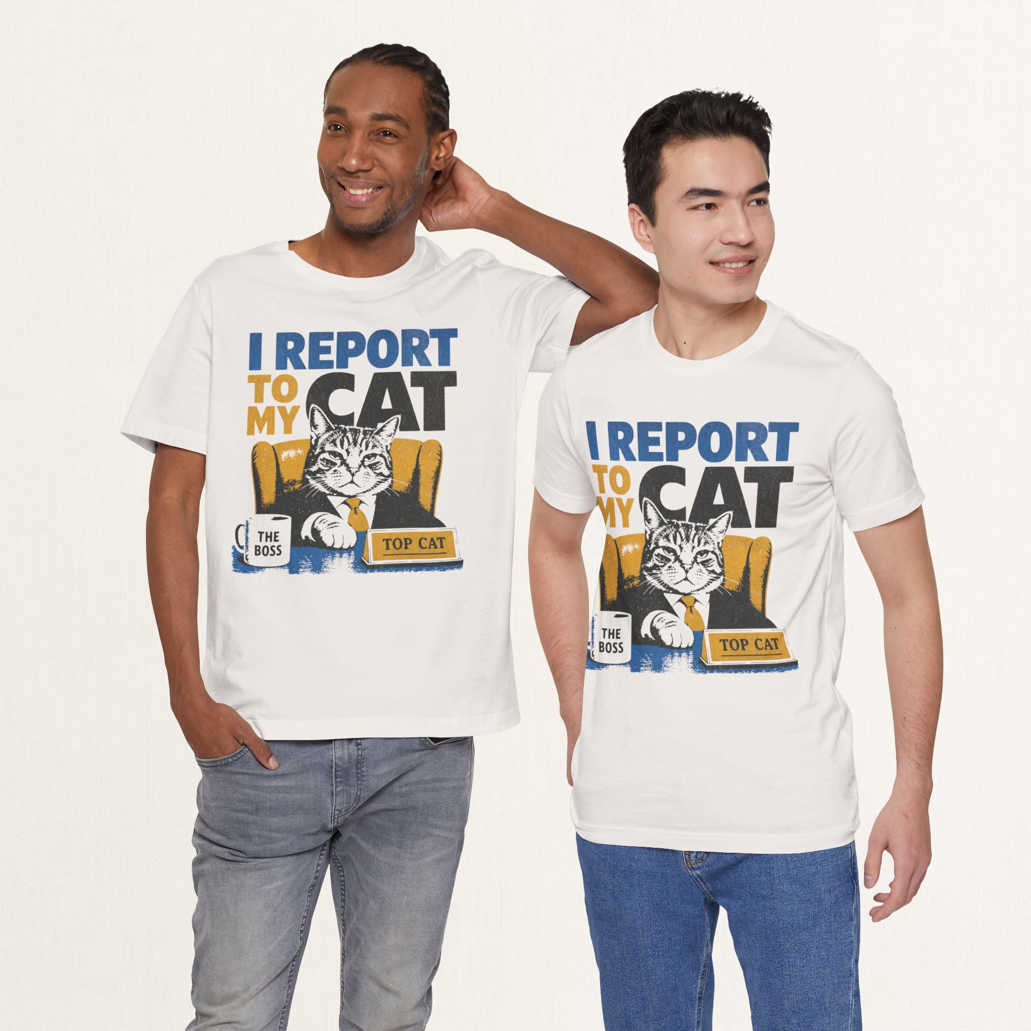 Folded vintage white I Report To My Cat t-shirt showing fabric and print detail