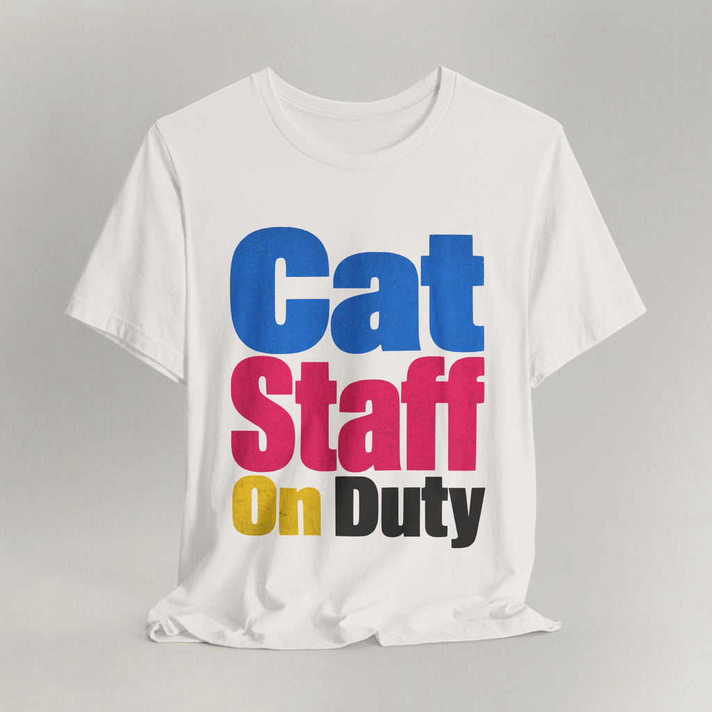 Flat lay of vintage white graphic cat t-shirt with Cat Staff On Duty print design