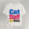 Flat lay of vintage white graphic cat t-shirt with Cat Staff On Duty print design