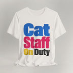 Flat lay of vintage white graphic cat t-shirt with Cat Staff On Duty print design