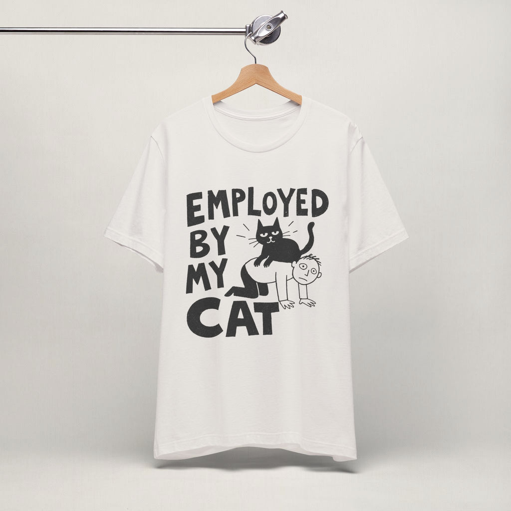 Close-up of Employed By My Cat print on vintage white unisex t-shirt