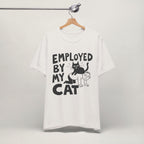 Close-up of Employed By My Cat print on vintage white unisex t-shirt