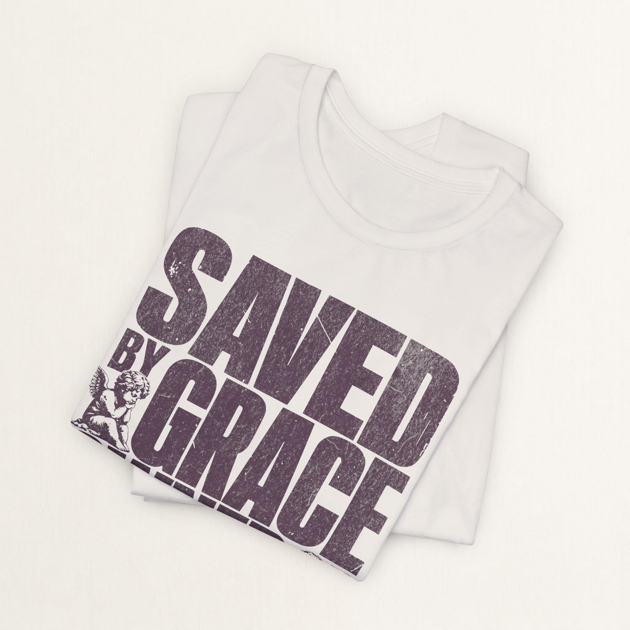 Folded vintage white Saved by Grace Owned by Cats printed cat t-shirt