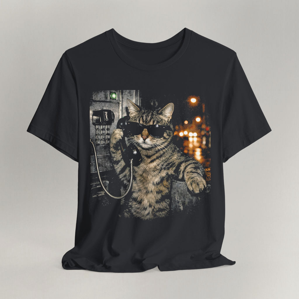 Vintage black graphic cat t-shirt with Midnight Call print, flat lay front view