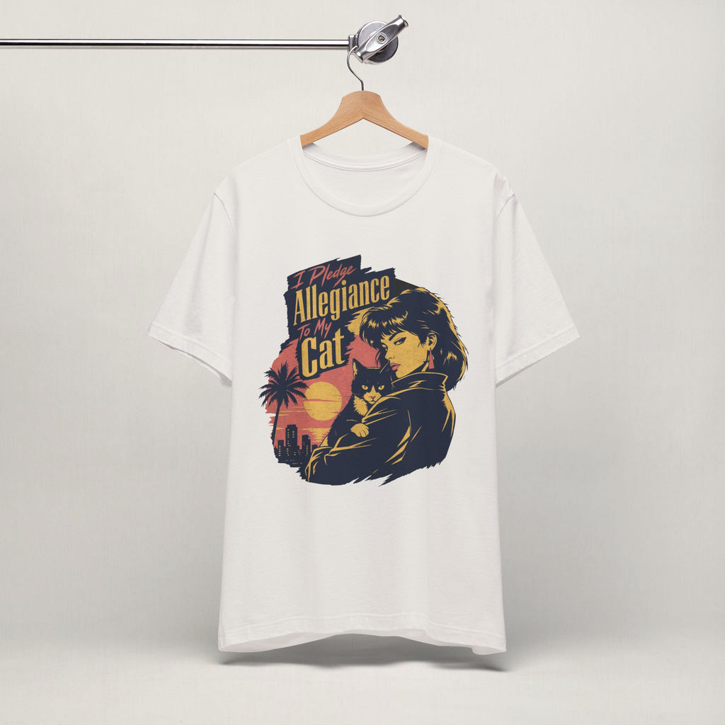 Close-up of Allegiance To My Cat print on vintage white unisex t-shirt
