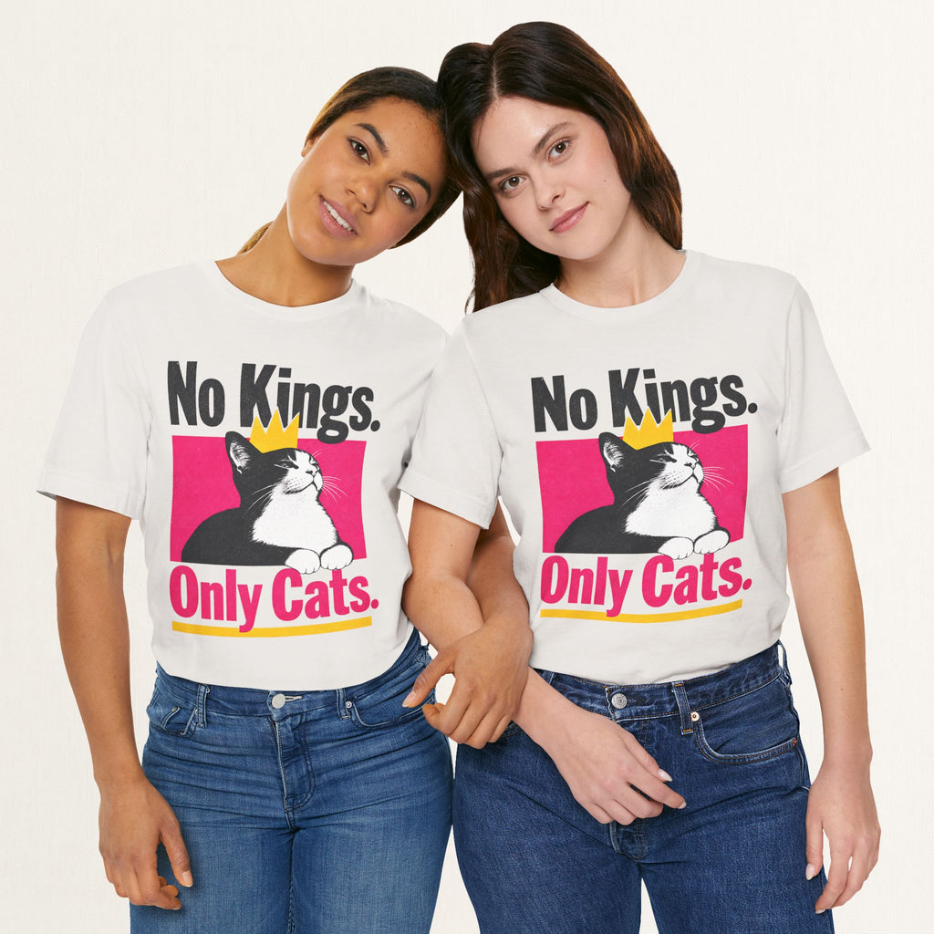 Styled flat lay of vintage white No Kings Only Cats cat graphic tee