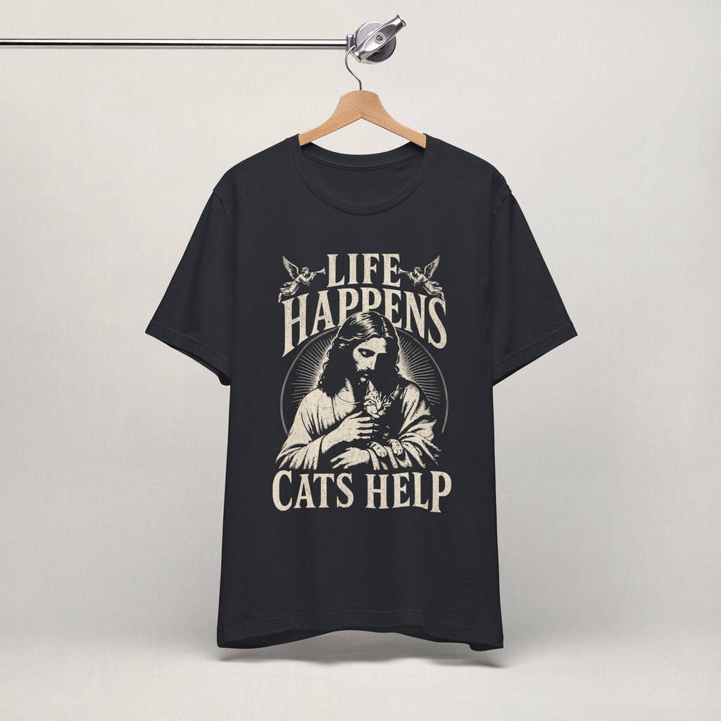 Vintage black Life Happens Cats Help printed cat t-shirt on a hanger