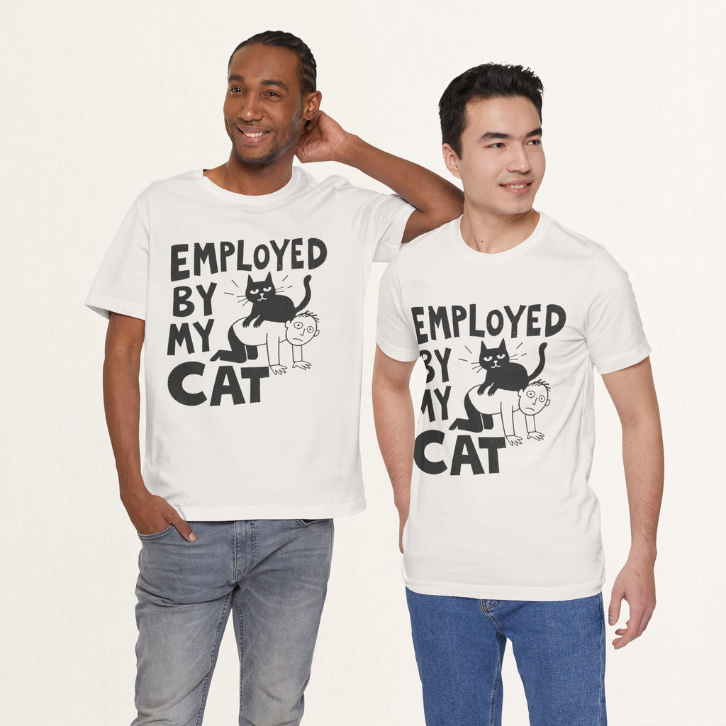 Model wearing vintage white Employed By My Cat graphic cat t-shirt