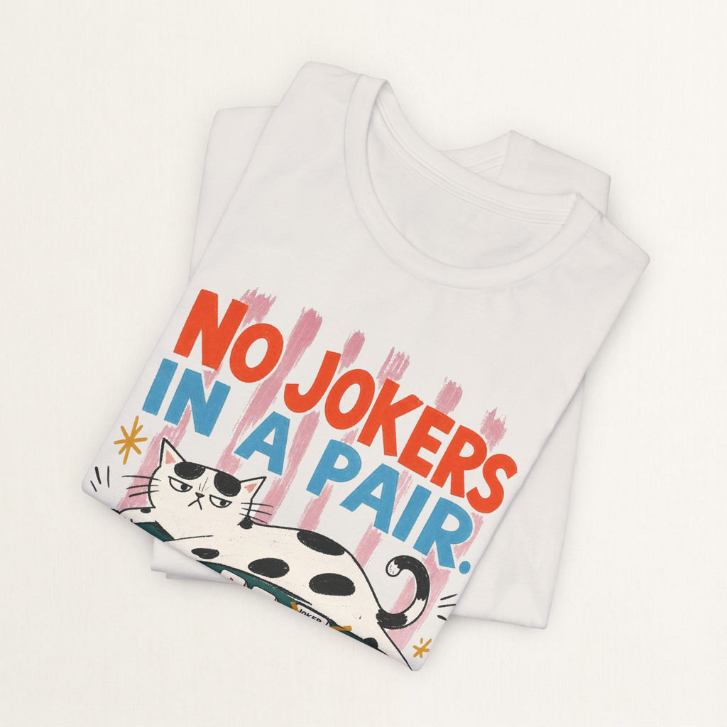 Folded vintage white No Jokers In A Pair mahjong cat t-shirt