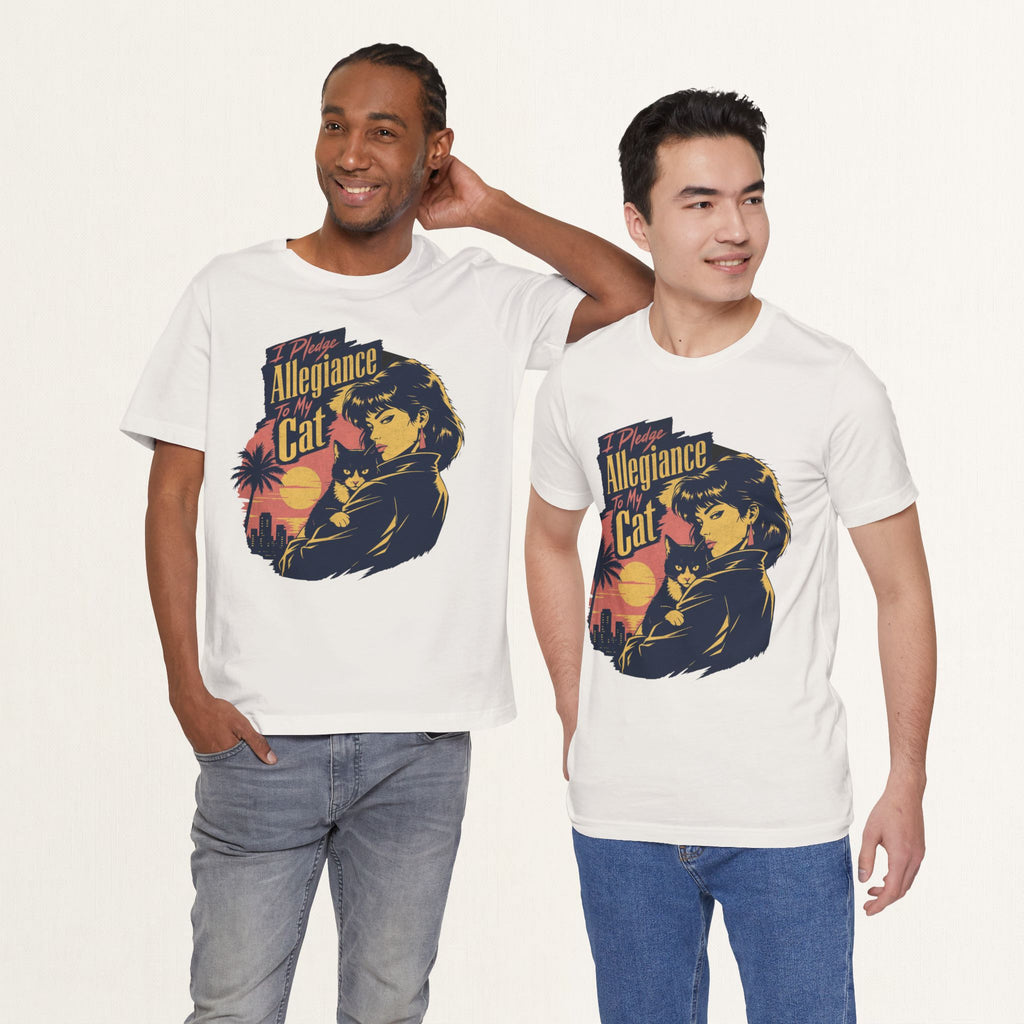 Model wearing vintage white Allegiance To My Cat graphic cat t-shirt