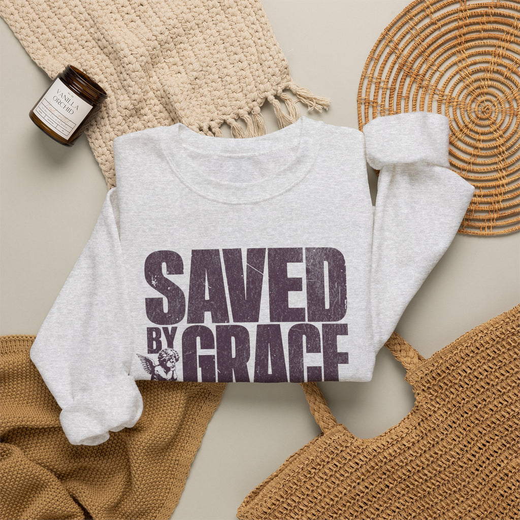Ash Saved by Grace Owned by Cats printed cat sweatshirt styled folded with cozy props