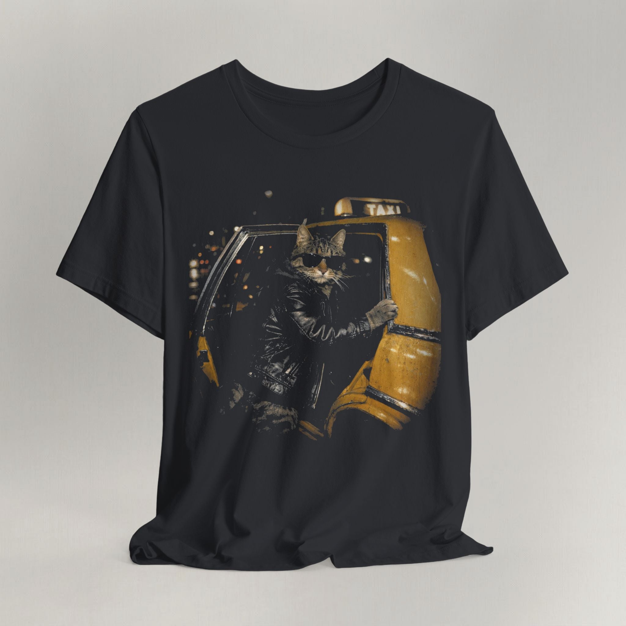 Vintage black graphic cat t-shirt with Midnight Taxi print, flat lay front view