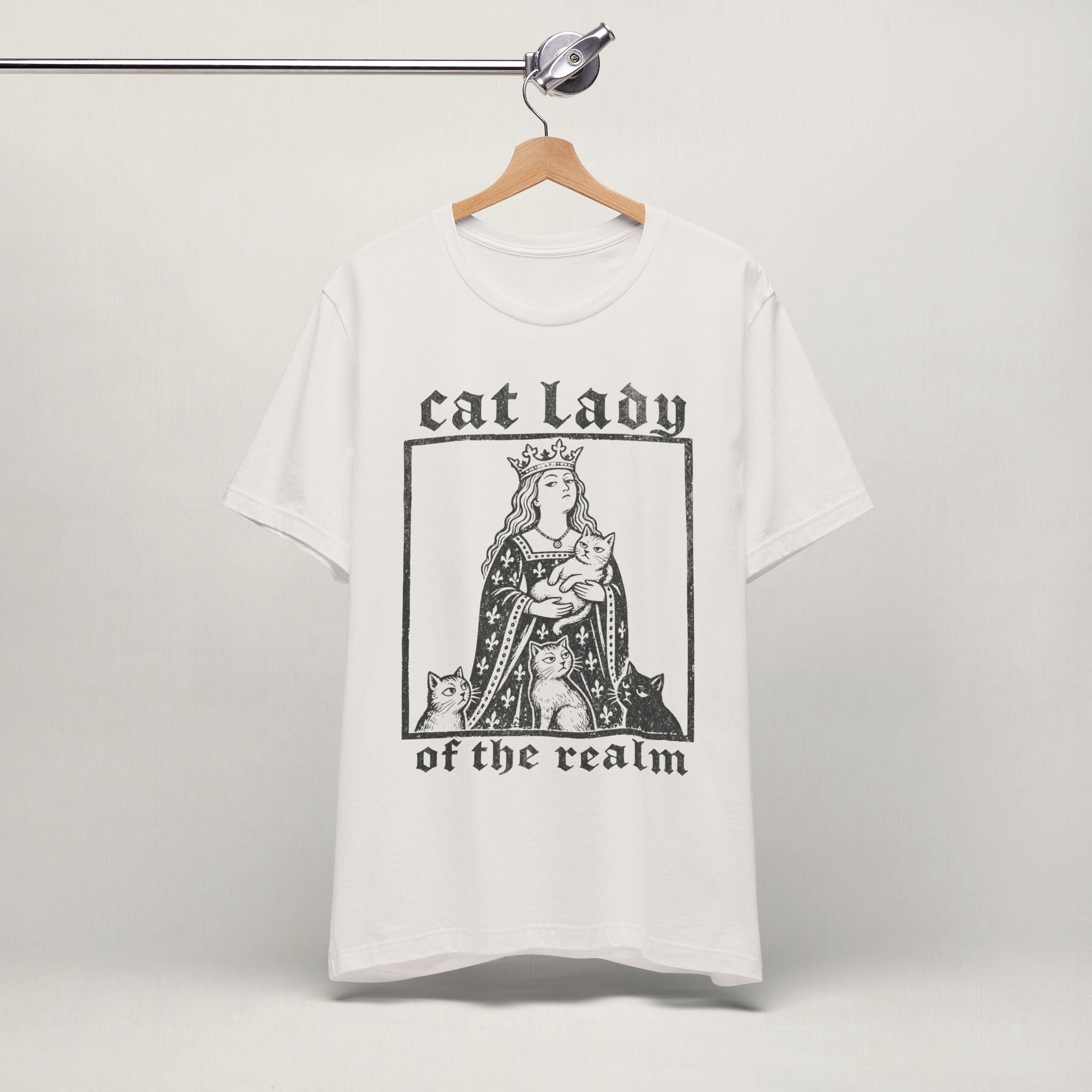 Vintage white Cat Lady of the Realm cat t-shirt on a hanger