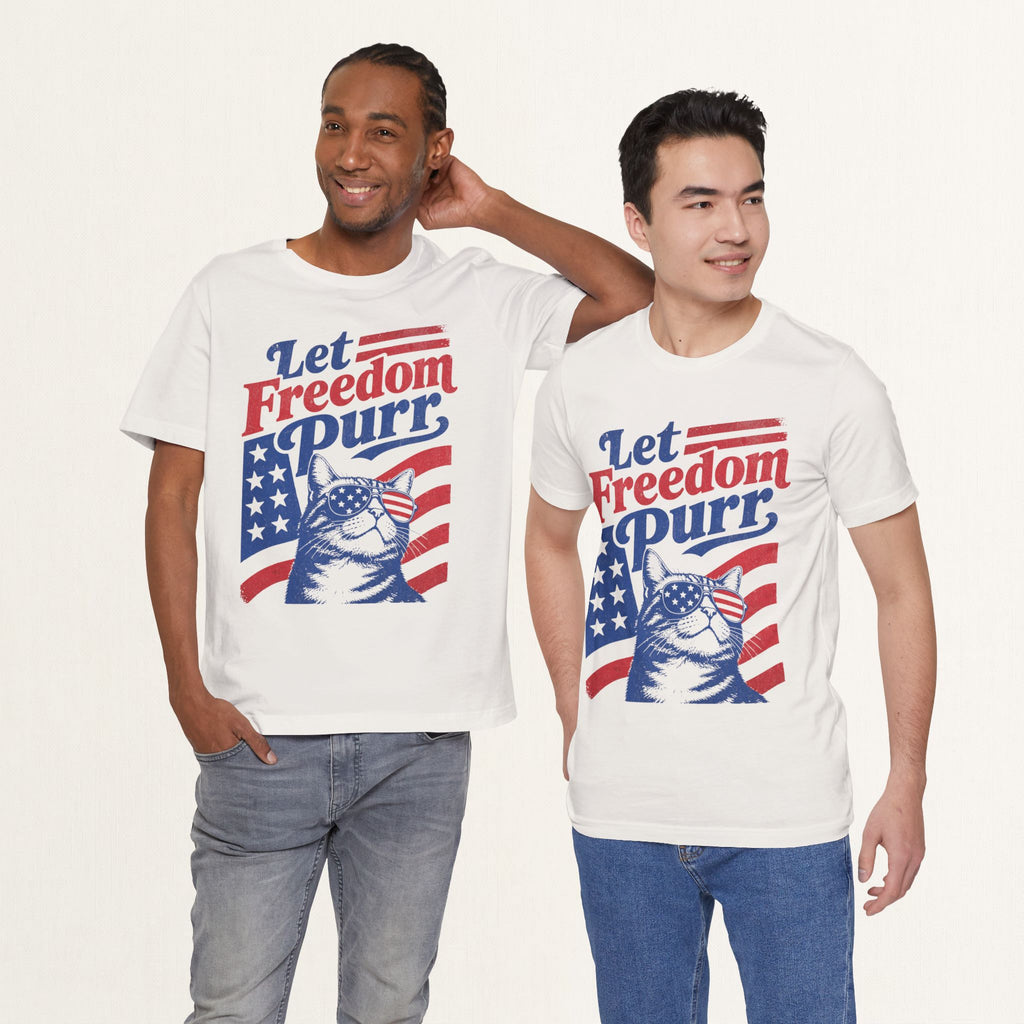 Model wearing vintage white Let Freedom Purr patriotic cat t-shirt
