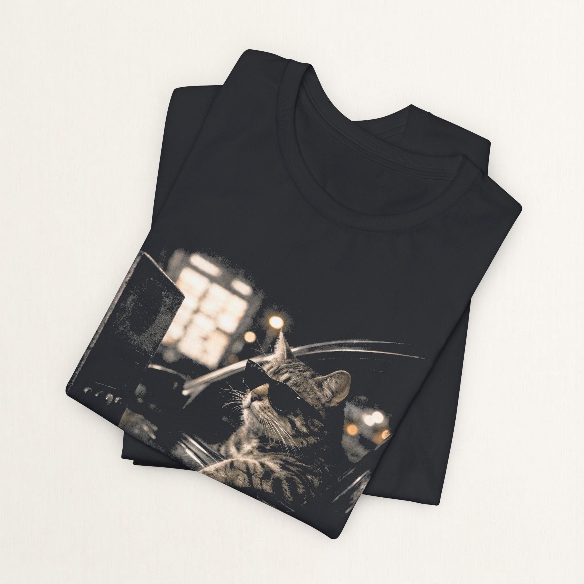Woman wearing vintage black Late Drive Thru graphic cat t-shirt, front view