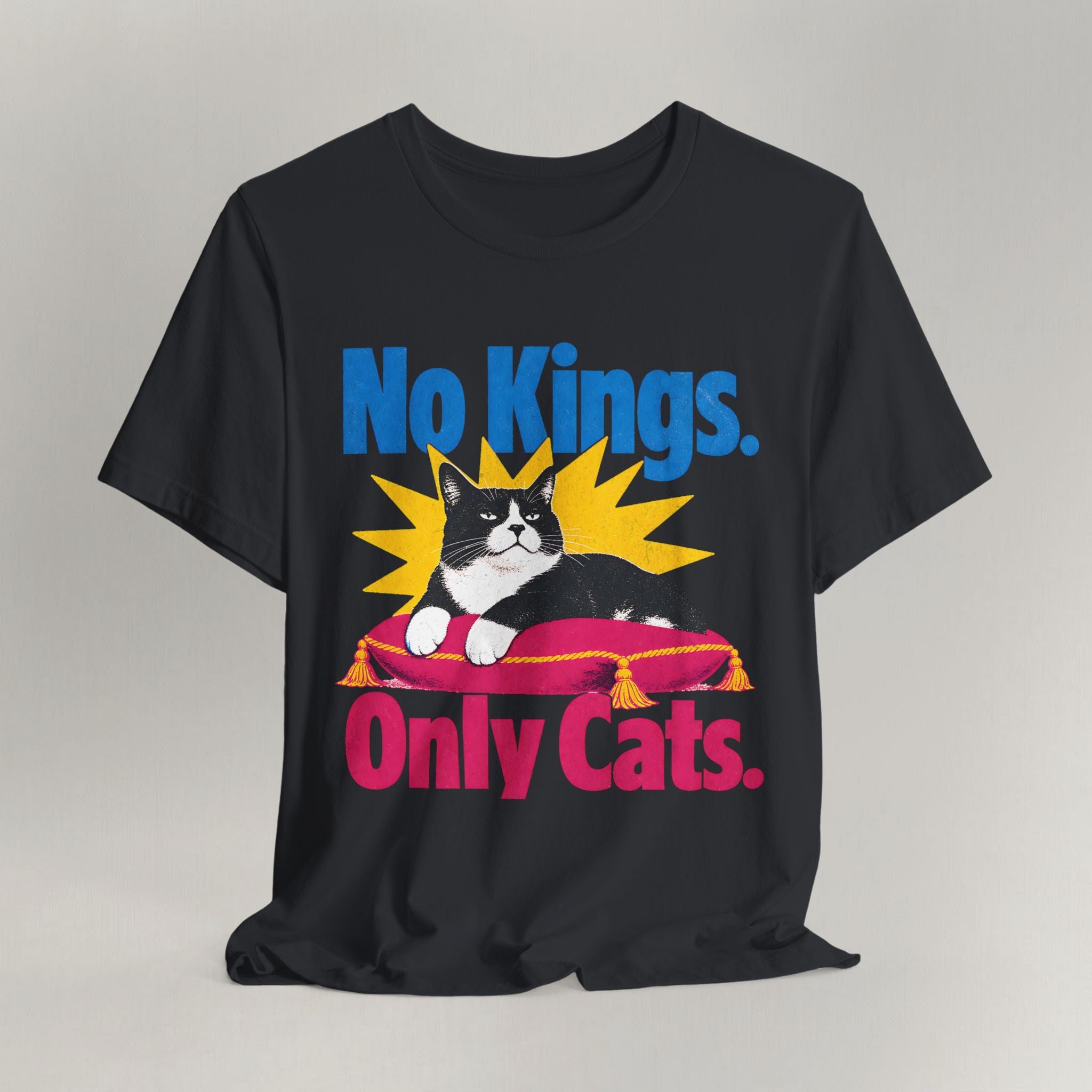 Styled flat lay of vintage black No Kings Only Cats cat graphic tee