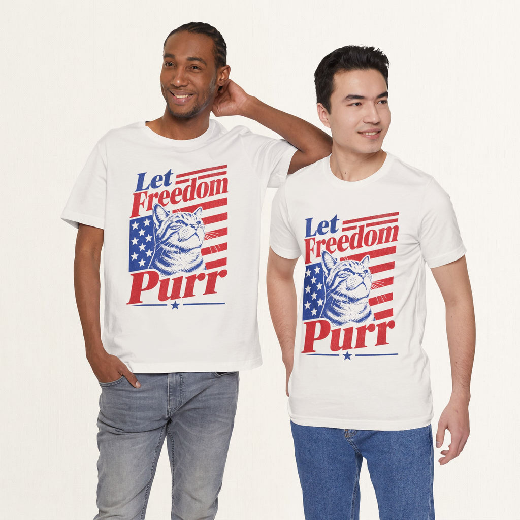 Model wearing vintage white Freedom Purr patriotic cat t-shirt
