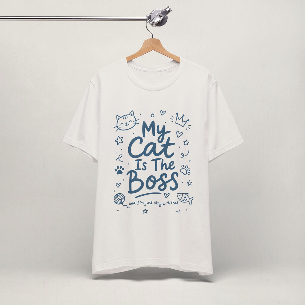 Close-up of My Cat Is The Boss print on vintage white unisex t-shirt