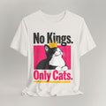 Flat lay of vintage white graphic cat t-shirt with No Kings Only Cats patriotic design