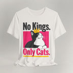 Flat lay of vintage white graphic cat t-shirt with No Kings Only Cats patriotic design