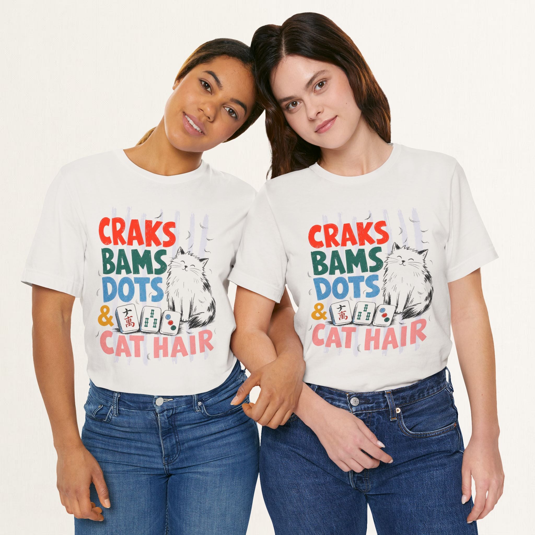 Couple wearing vintage white Craks, Bams, Dots and Cat Hair mahjong cat t-shirts