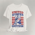 Flat lay of vintage white graphic cat t-shirt with United States Of Catitude patriotic cat design