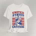 Flat lay of vintage white graphic cat t-shirt with United States Of Catitude patriotic cat design