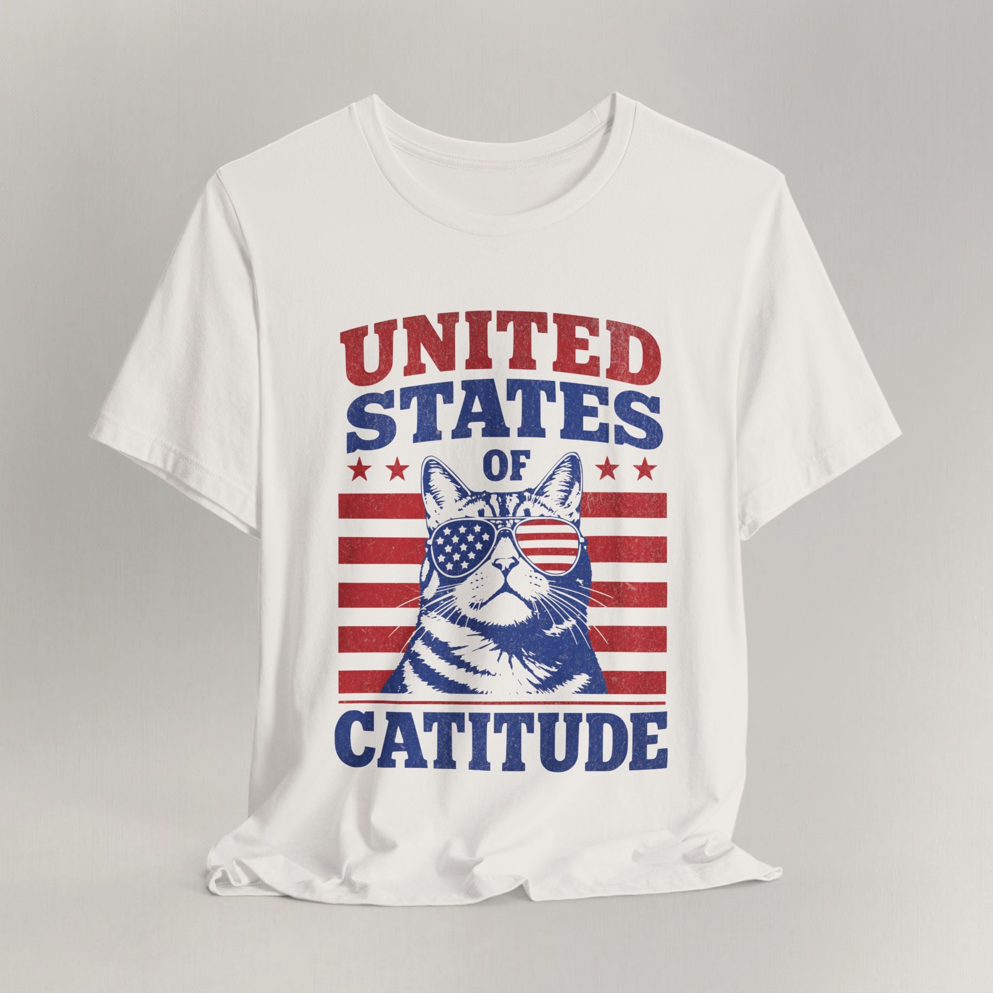 Flat lay of vintage white graphic cat t-shirt with United States Of Catitude patriotic cat design