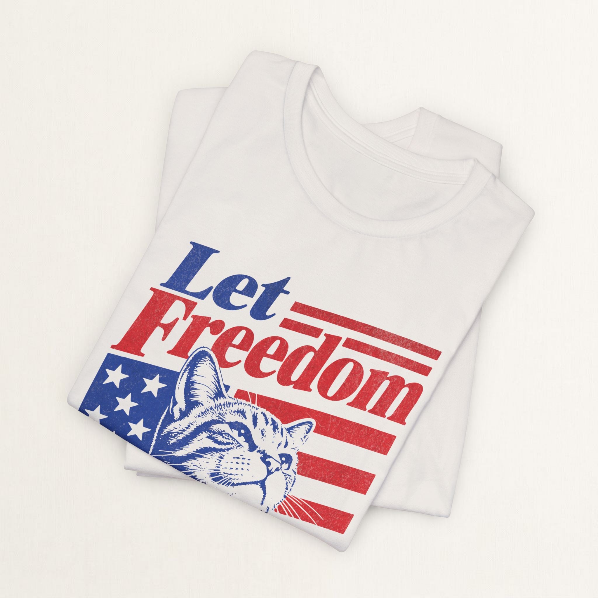 Back view of vintage white Freedom Purr cat t-shirt on model