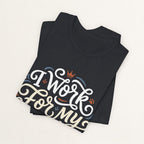Back view of vintage black I Work For My Cat graphic cat t-shirt on model