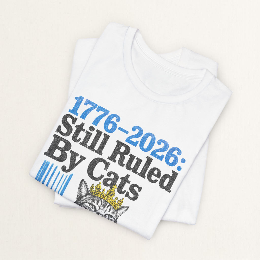 Back view of white Ruled By Cats cat t-shirt on model
