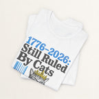 Back view of white Ruled By Cats cat t-shirt on model