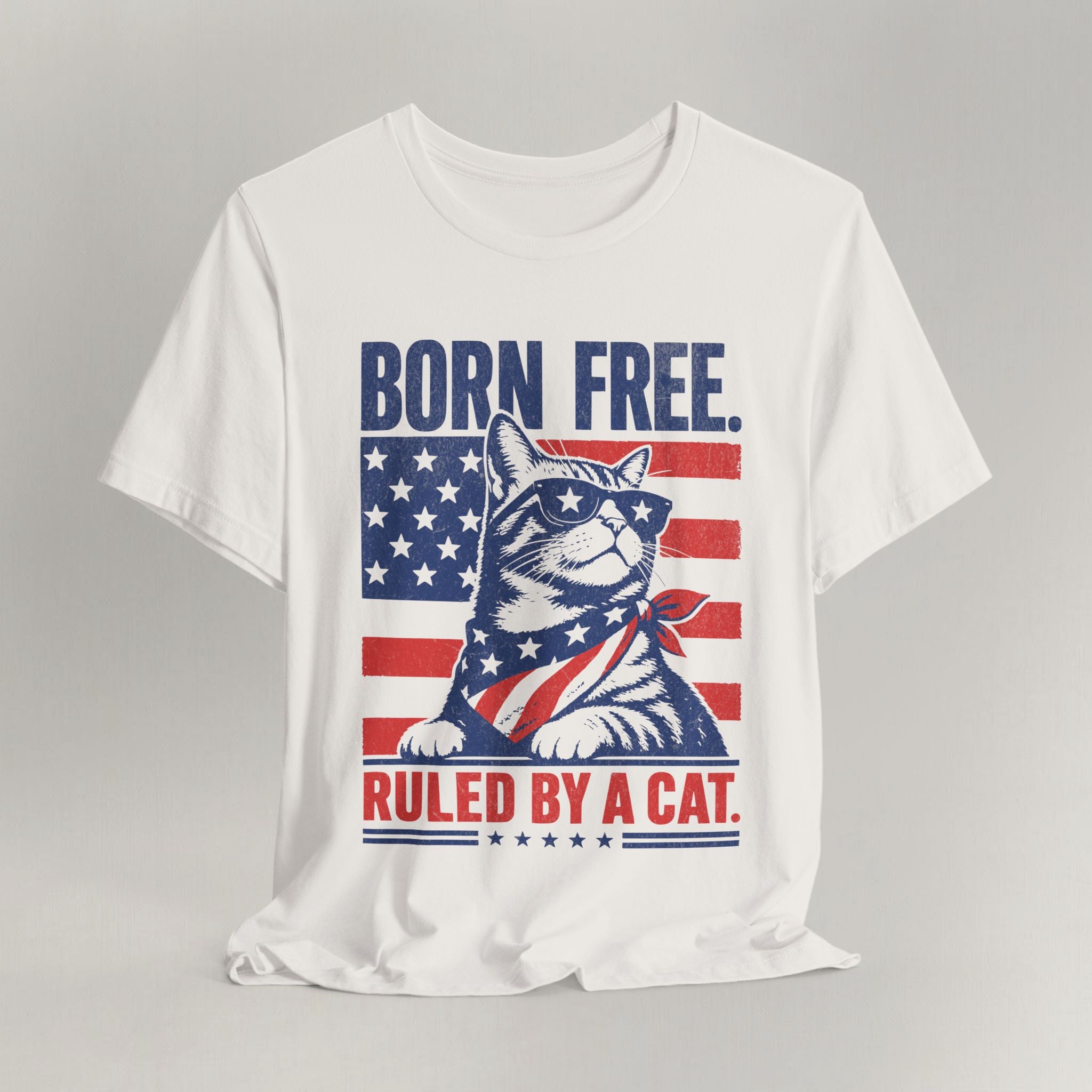 Flat lay of vintage white graphic cat t-shirt with Ruled By A Cat design