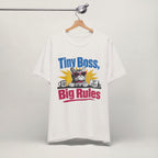 Close-up of Tiny Boss Big Rules print on vintage white unisex t-shirt