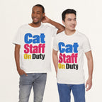 Model wearing vintage white Cat Staff On Duty graphic cat t-shirt