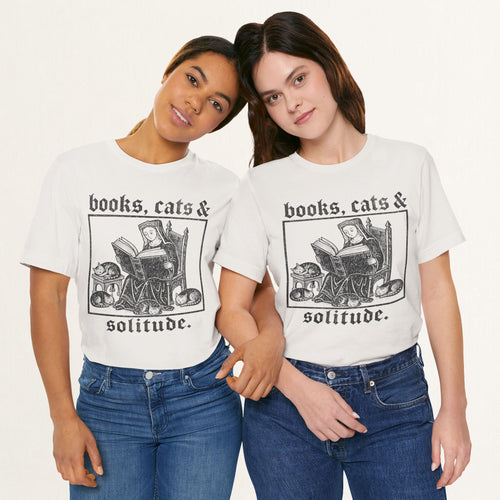 Couple wearing vintage white Books, Cats and Solitude cat t-shirts