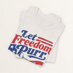 Back view of vintage white Let Freedom Purr cat t-shirt on model