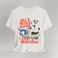 Vintage white cat t-shirt with an All I Need Is Coffee, Cats and Mahjong design, shown flat