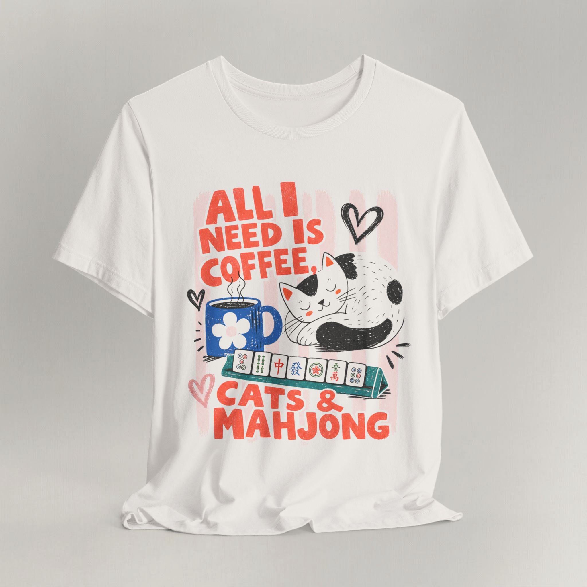 Vintage white cat t-shirt with an All I Need Is Coffee, Cats and Mahjong design, shown flat